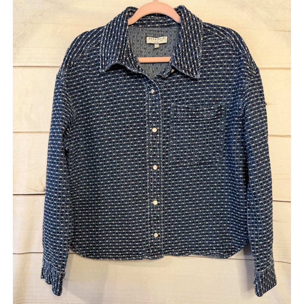 BAGATELLE COLLECTION Women Denim Textured Jacket Button Front Long Sleeve Blue L